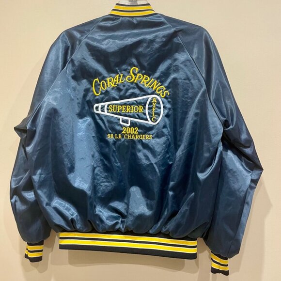 Y2K SATIN VARSITY BOMBER JACKET WESTSTARK TRENDY  SZ L BLUE/YELLOW MADE IN USA - Picture 2 of 16